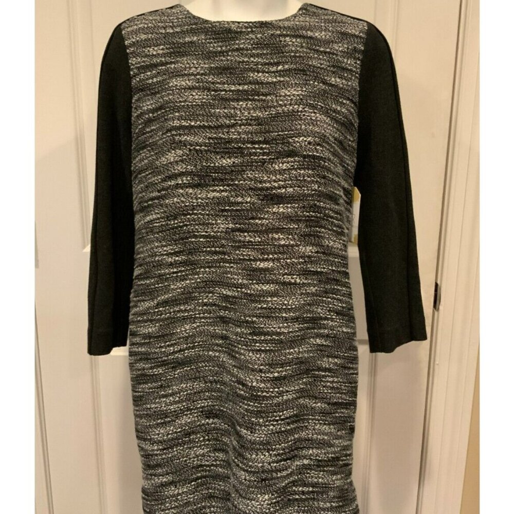 Vince Black & White Tweed Dress W/ 3/4 Gray Sleeves & Rear Panel, Size Small